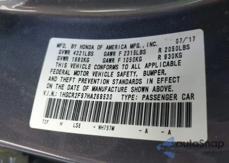 2017 Honda Accord Ex-L from USA, damaged, VIN 1HGCR2F97HA269530